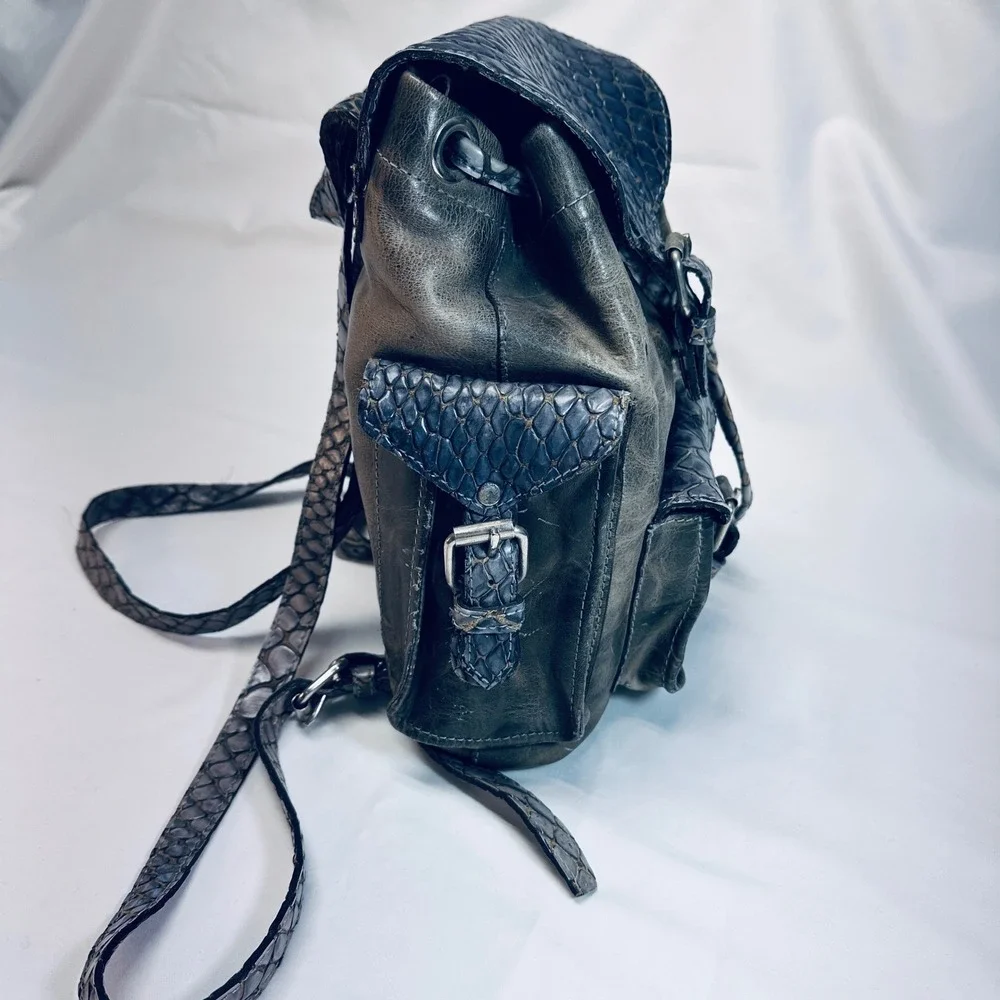 Distressed Leather Mini Backpack Blue Snake Embossed Flap Pockets Buckle Closure